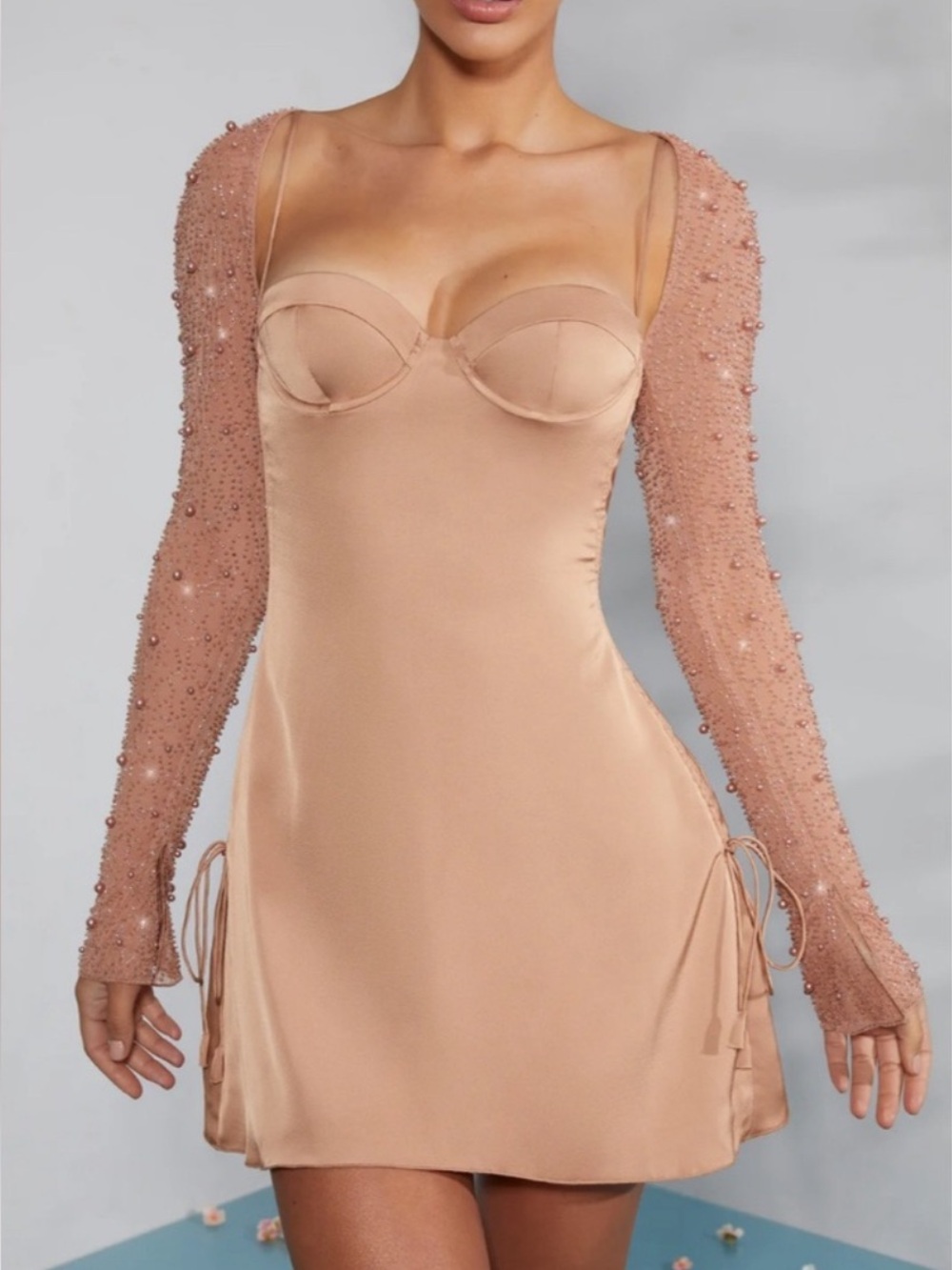 Oh Polly Geneva Nude Blush Mini Dress with Beaded Sheer Sleeves